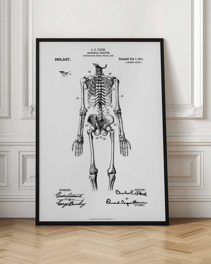 A framed black and white print of a vintage patent illustration for an anatomical skeleton by C.E. Fleck, patented February 7, 1911. The detailed drawing shows a full human skeleton from an anterior view with parts labeled with numbers, set against a light background with official patent text and signatures. Artwork