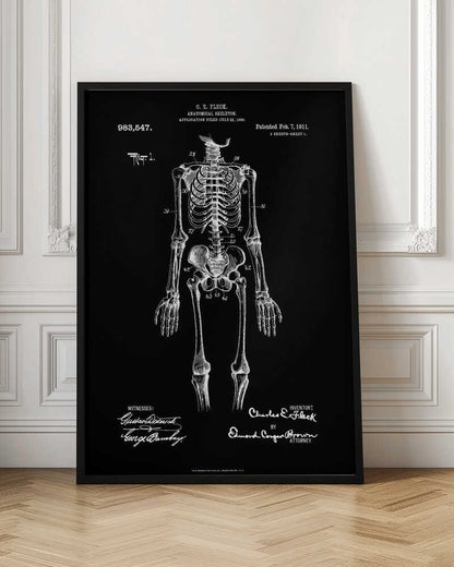 A framed, vintage-style patent illustration of a human anatomical skeleton, presented as a white drawing on a black background. The detailed skeleton is shown from the front, with text indicating the patent number, date, and inventor, C.E. Fleck. Signatures are visible at the bottom. Print