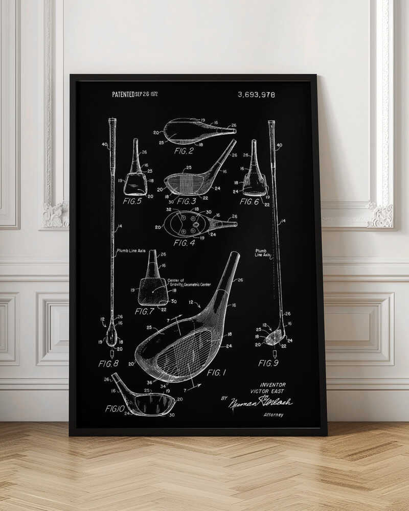 A framed black and white patent illustration of a golf club, dated 1972. The poster displays multiple technical drawings of the club head and shaft from various angles, labeled with figure numbers and part identifiers against a black background. Artwork