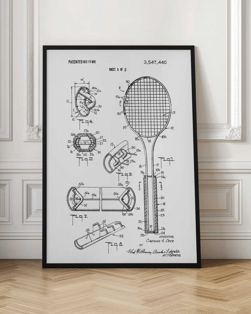 A framed black and white patent illustration for a tennis racket from 1970. The image displays multiple technical drawings and diagrams, including a full view of the racket and several cross-sections detailing its construction. Print