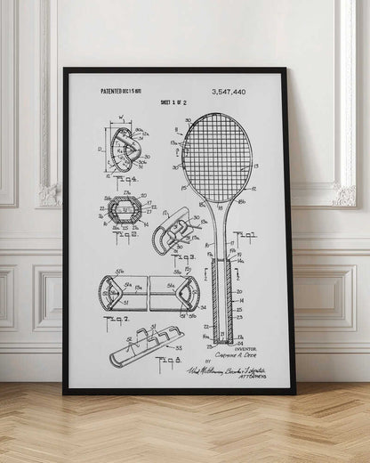A framed black and white patent illustration for a tennis racket from 1970. The image displays multiple technical drawings and diagrams, including a full view of the racket and several cross-sections detailing its construction. Print