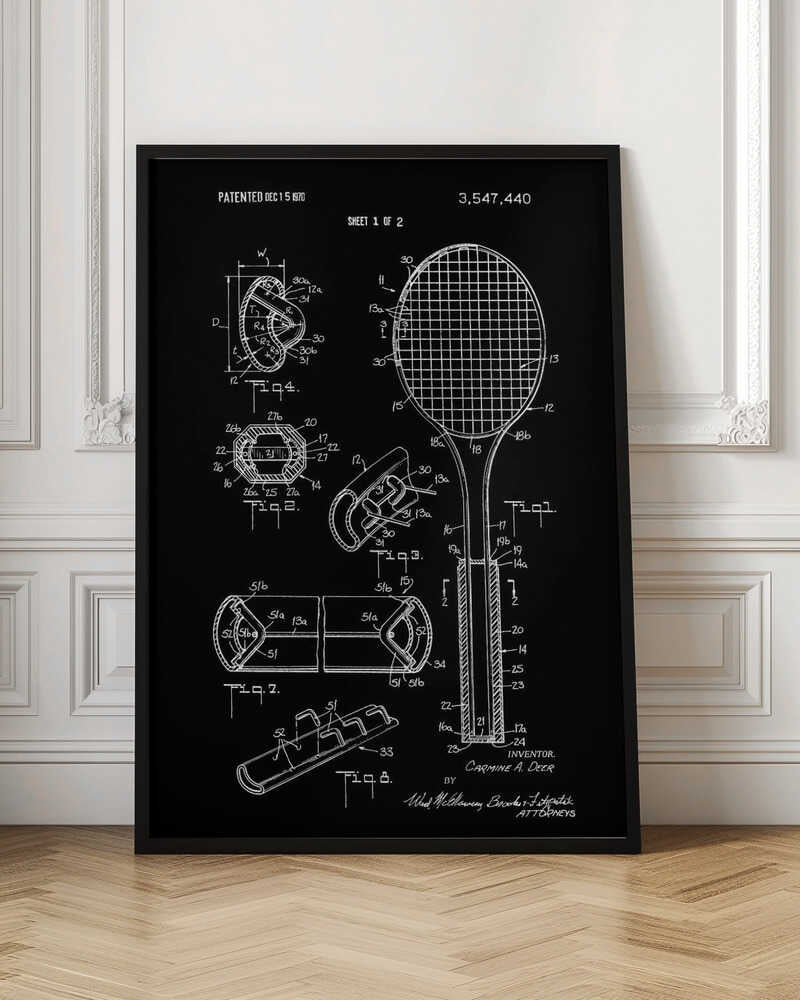 A framed patent illustration for a tennis racket, presented in a blueprint style with white lines and text on a black background. The poster displays various technical diagrams of the racket's components, including a full view and several cross-sections, with labels and patent information dated 1970. Poster