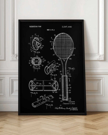 A framed patent illustration for a tennis racket, presented in a blueprint style with white lines and text on a black background. The poster displays various technical diagrams of the racket's components, including a full view and several cross-sections, with labels and patent information dated 1970. Poster