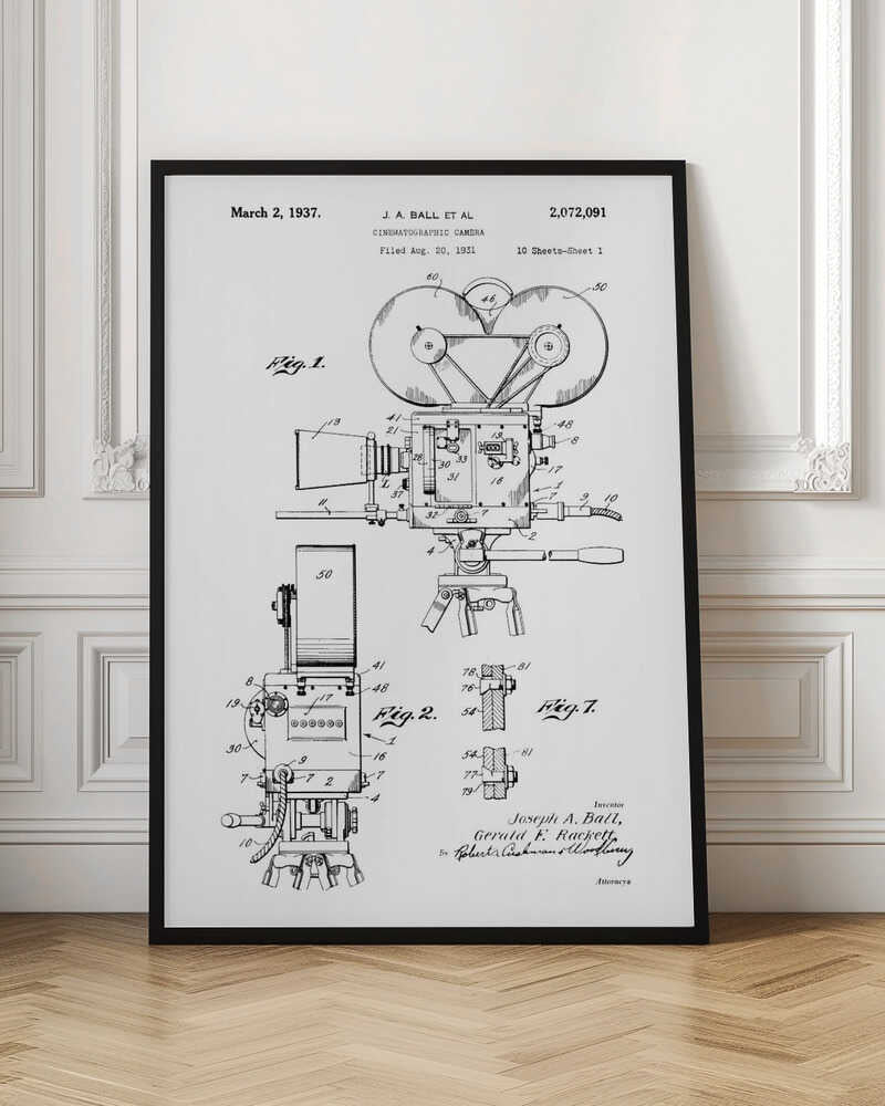 A framed black and white patent illustration for a cinematographic camera, dated March 2, 1937. The detailed technical drawing shows various views of a vintage movie camera on a tripod, with labels and figures. Artwork