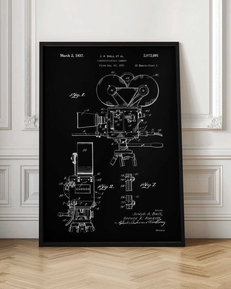 A framed vintage patent illustration for a cinematographic camera, presented as a white line drawing on a black background. The blueprint-style artwork shows detailed diagrams of a 1930s movie camera, complete with text from the original patent filing. Artwork