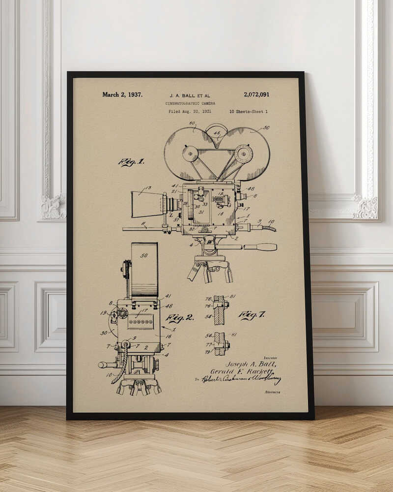 A framed print of a vintage patent diagram for a cinematographic camera, dated March 2, 1937. The technical drawing is in black ink on a beige background, showing multiple views and components of an old movie camera on a tripod. Artwork