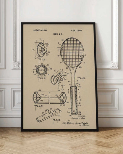 A framed vintage-style print of a tennis racket patent from December 15, 1970. The artwork shows detailed technical drawings and diagrams of the racket's construction on a beige background. Artwork
