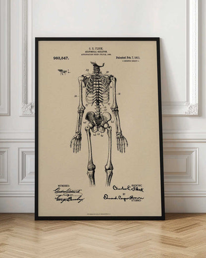 A framed vintage patent illustration of a human anatomical skeleton, printed in black ink on aged beige paper. The detailed drawing shows a full frontal view of the skeleton with numbered parts, text, and signatures in a classic patent document style. Poster