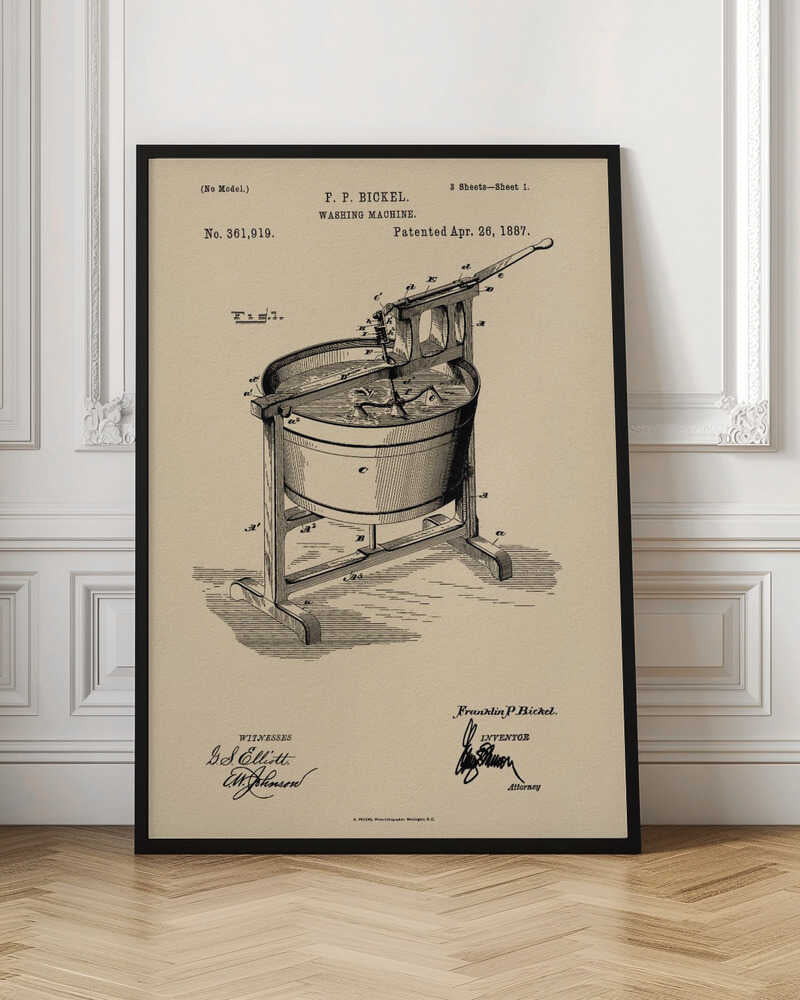 A framed vintage patent illustration for an F. P. Bickel washing machine, patented on April 26, 1887. The technical drawing, rendered in black ink on a beige background, shows a tub on a wooden stand with a hand-cranked mechanism. Artwork