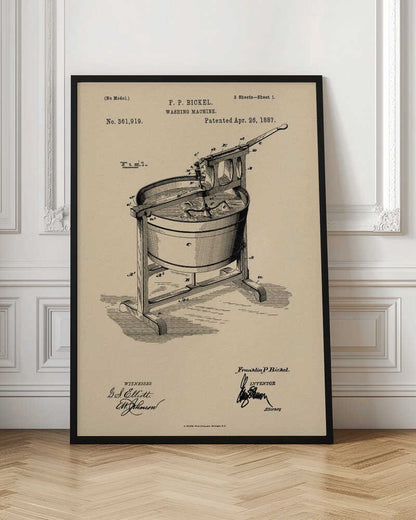 A framed vintage patent illustration for an F. P. Bickel washing machine, patented on April 26, 1887. The technical drawing, rendered in black ink on a beige background, shows a tub on a wooden stand with a hand-cranked mechanism. Artwork