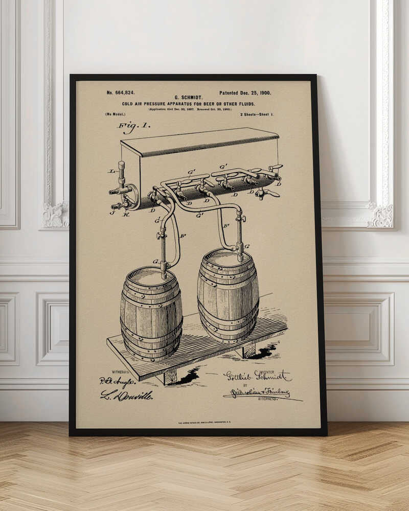 A framed vintage patent illustration from December 25, 1900, for a 'Cold Air Pressure Apparatus for Beer or Other Fluids.' The black ink drawing on beige paper details a system of pipes and valves connecting two wooden barrels to a dispenser, with official patent numbers and signatures below. Print