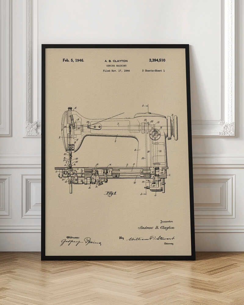 A framed vintage patent illustration for a sewing machine by A.B. Clayton, dated February 5, 1946. The detailed black line drawing is on a beige, parchment-style background and shows a side view of the machine with its internal mechanisms labeled with numbers. The entire piece is presented in a simple black frame. Artwork