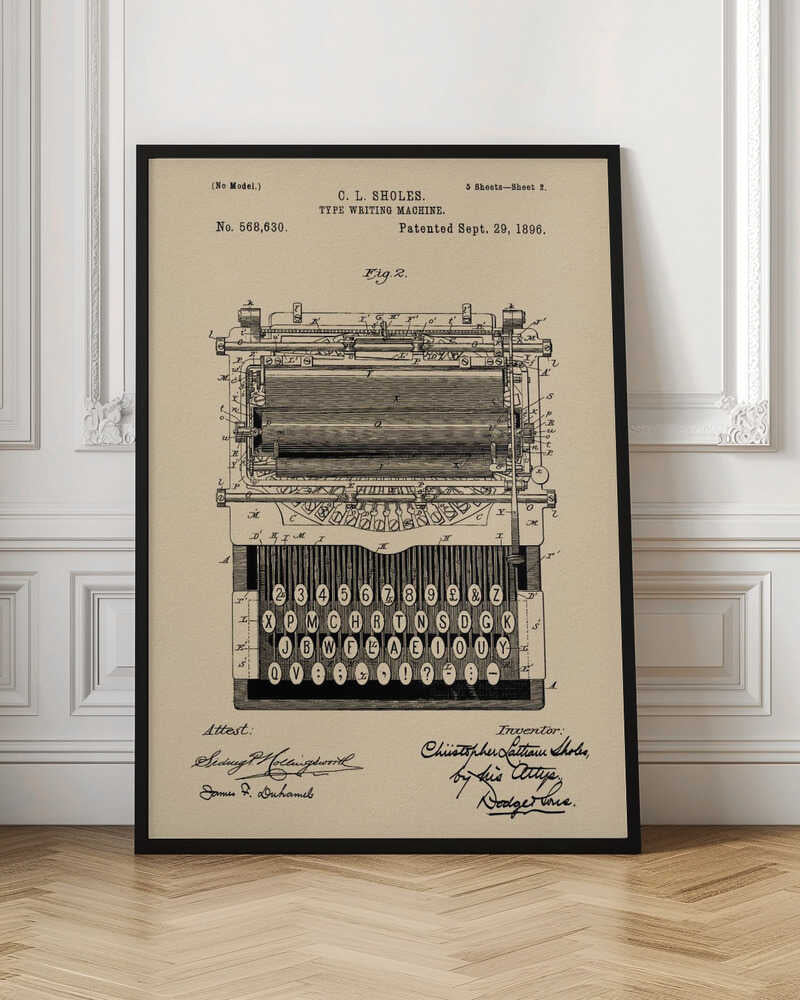 A framed vintage patent illustration for a C.L. Sholes typewriter, dated September 29, 1896. The detailed black ink drawing is on a beige background and shows a front view of the machine's complex mechanics and keyboard, with signatures of the inventor and attestants below. Print