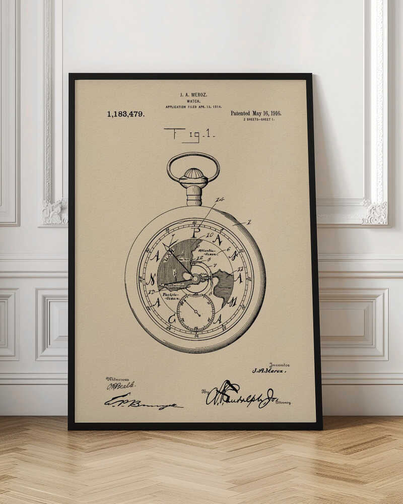 A framed vintage patent illustration for a watch by J.A. Meroz, dated 1916. The technical drawing showcases a pocket watch with a world map on its face, set against a beige, parchment-like background with a black frame. Poster
