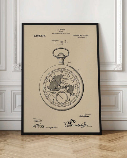 A framed vintage patent illustration for a watch by J.A. Meroz, dated 1916. The technical drawing showcases a pocket watch with a world map on its face, set against a beige, parchment-like background with a black frame. Poster