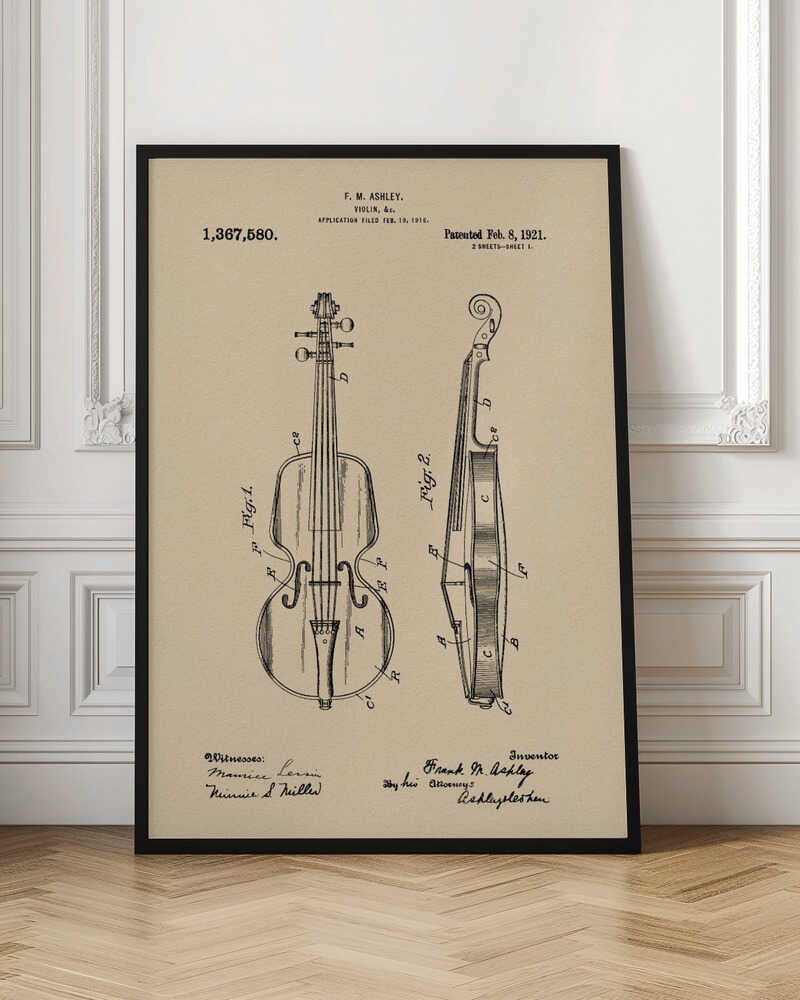 A framed vintage patent illustration for a violin, dated 1921. The drawing, on a beige parchment-style background, shows a front view and a side cross-section of the violin, with technical labels and signatures of the inventor and witnesses. Wall Art