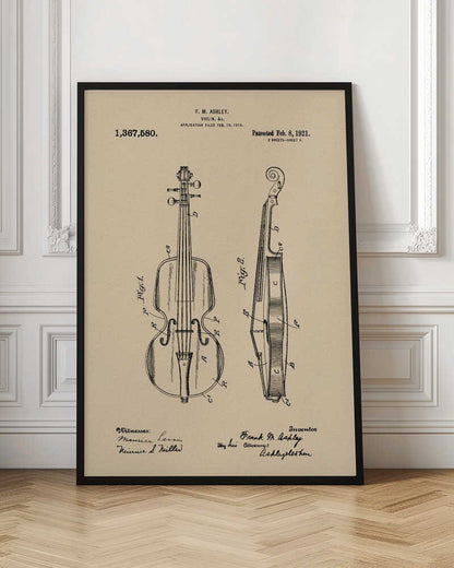 A framed vintage patent illustration for a violin, dated 1921. The drawing, on a beige parchment-style background, shows a front view and a side cross-section of the violin, with technical labels and signatures of the inventor and witnesses. Wall Art
