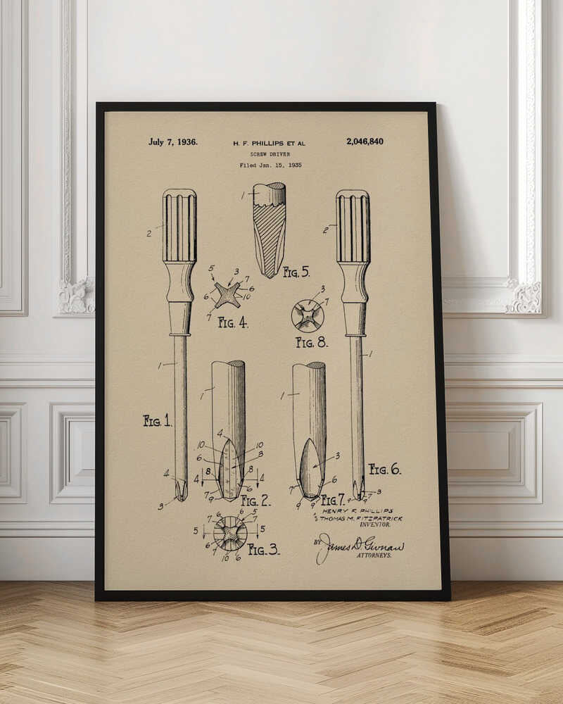 A framed vintage patent illustration for an H.F. Phillips screwdriver, dated July 7, 1936. The technical drawing on beige paper displays multiple figures of the screwdriver and its cross-head tip, rendered in black ink. Print