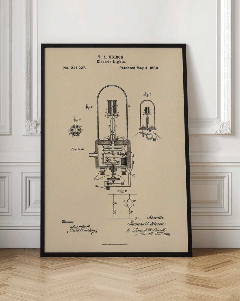 A framed vintage patent illustration for T. A. Edison's electric lights, dated May 4, 1880. The technical drawing, in black ink on a beige background, shows detailed diagrams of an early incandescent light bulb and its circuitry, complete with handwritten signatures. Wall Art