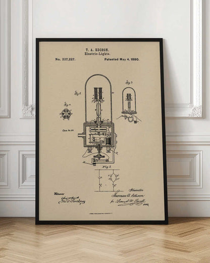 A framed vintage patent illustration for T. A. Edison's electric lights, dated May 4, 1880. The technical drawing, in black ink on a beige background, shows detailed diagrams of an early incandescent light bulb and its circuitry, complete with handwritten signatures. Wall Art