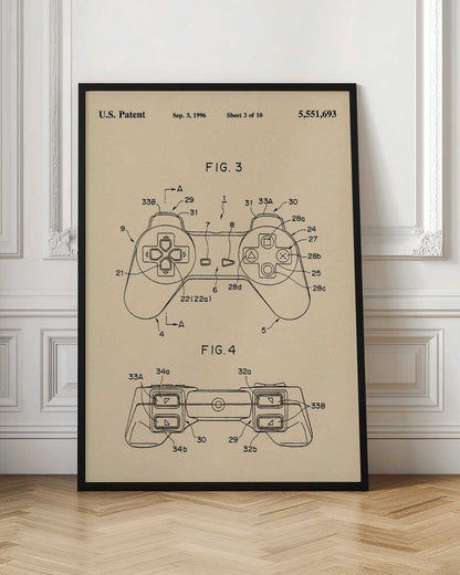 A framed patent illustration for a video game controller, dated Sep. 3, 1996. The drawing is on a cream-colored background and shows two figures (FIG. 3 and FIG. 4) of the controller, which strongly resembles the original Sony PlayStation controller, with various parts labeled with numbers. Poster