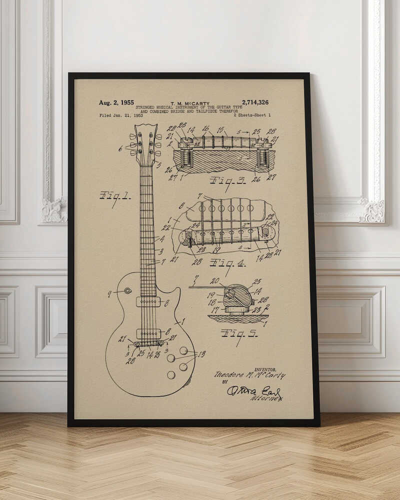 A framed patent illustration for an electric guitar, dated 1955, showing detailed schematics of the instrument and its components on aged beige paper. Decor