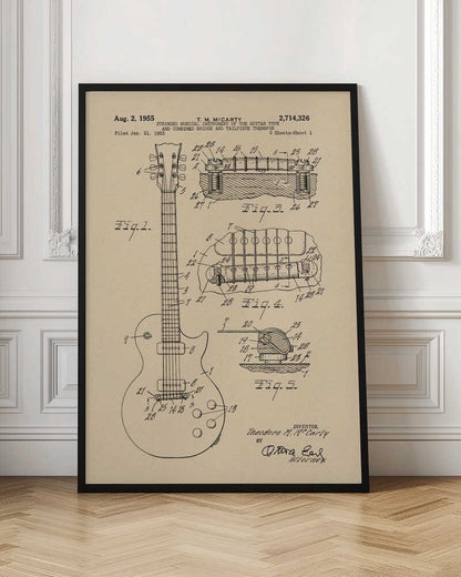 A framed patent illustration for an electric guitar, dated 1955, showing detailed schematics of the instrument and its components on aged beige paper. Decor