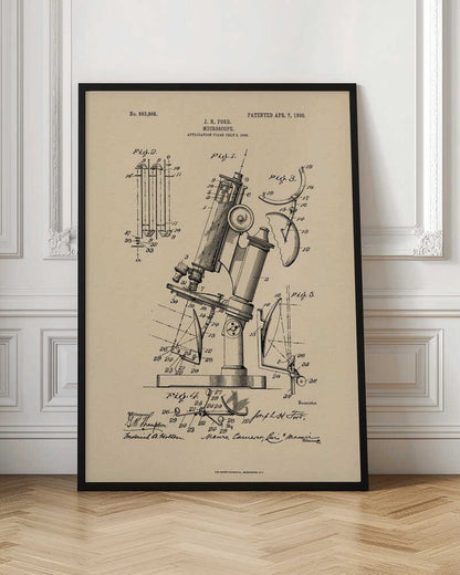 A framed art print of a vintage patent for a J. H. Ford microscope, dated April 7, 1908. The print features detailed black ink diagrams on a beige, parchment-like background, all enclosed in a simple black frame. Print
