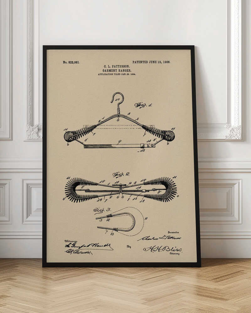 A framed vintage patent illustration for a garment hanger, dated June 12, 1906. The technical drawing is in black ink on tan-colored paper and shows multiple figures of a wire hanger with coiled springs on its arms, along with inventor and witness signatures. Wall Art