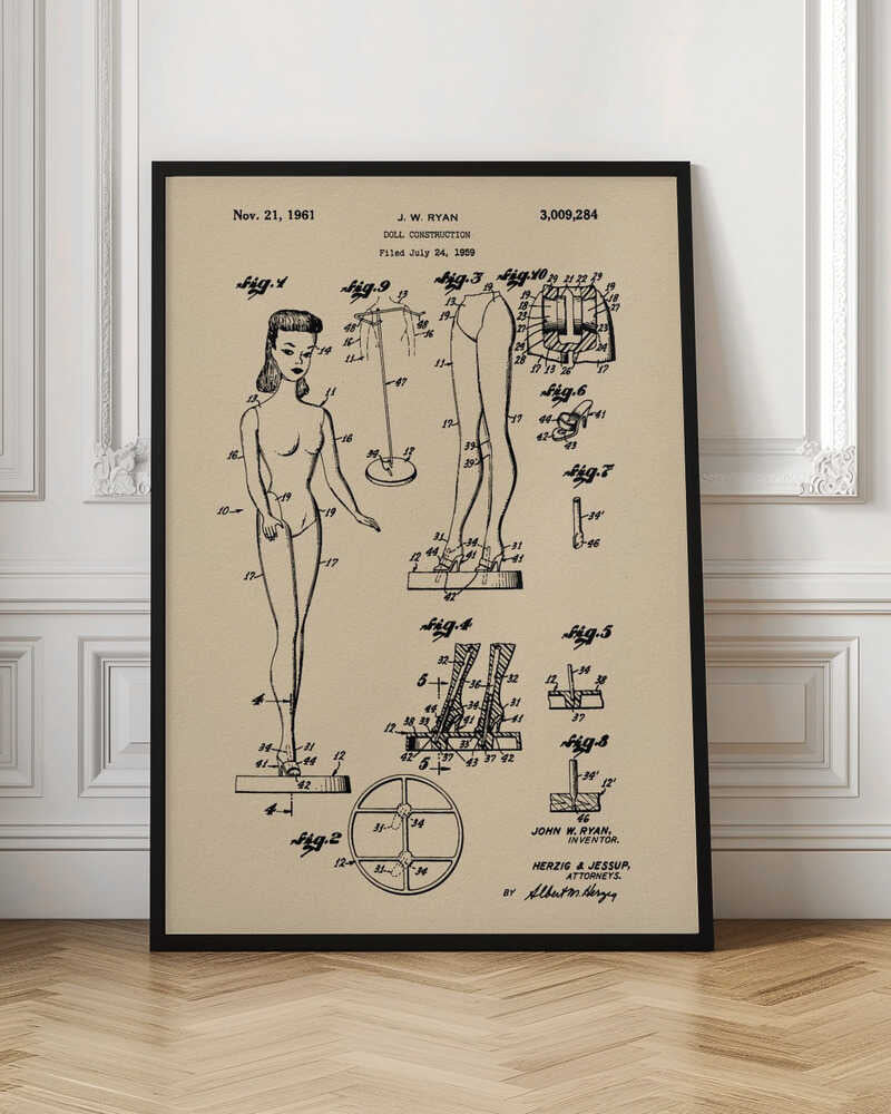 A framed vintage patent print for a 'Doll Construction' from 1961, showing detailed schematic drawings of a female doll resembling the original Barbie. The print is on beige paper with black ink and has a black frame. Wall Art