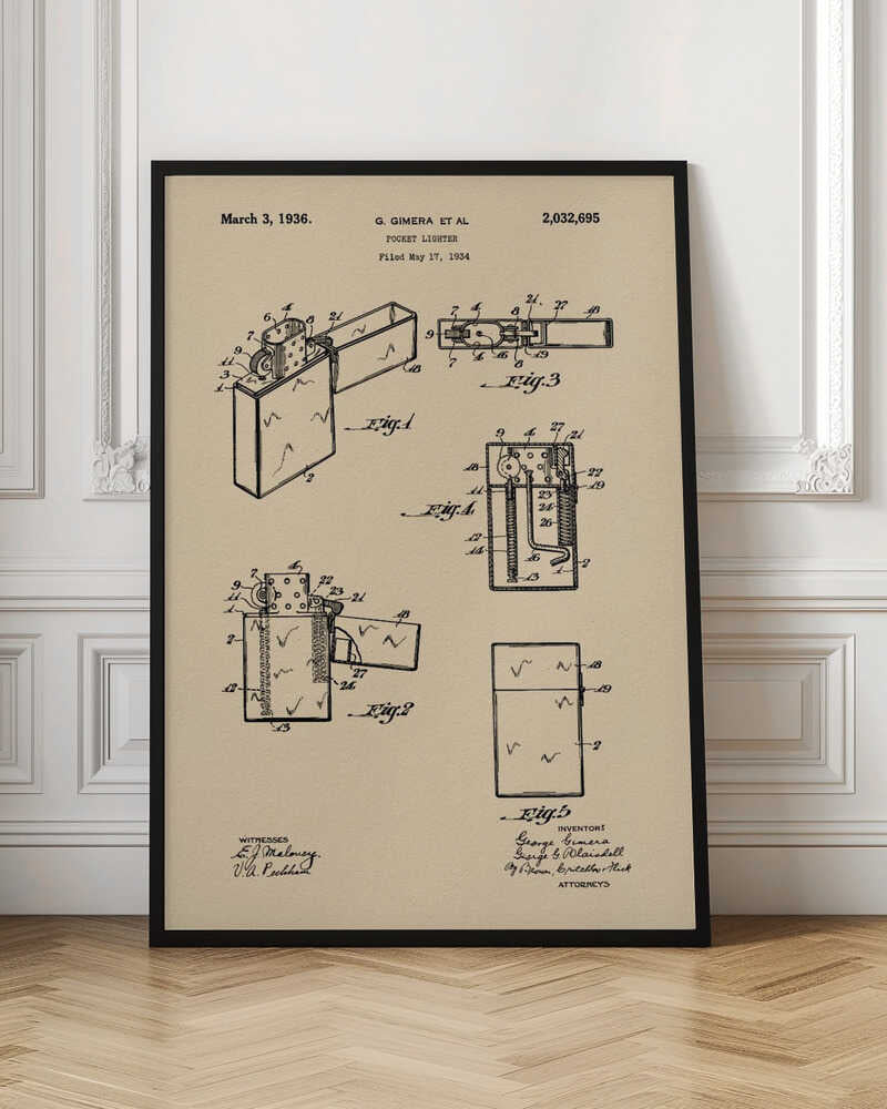 A framed vintage patent illustration for a pocket lighter, dated March 3, 1936. The print, on beige parchment-style paper, features several black-line technical drawings of the lighter's mechanism from different angles. It is presented in a simple black frame. Poster