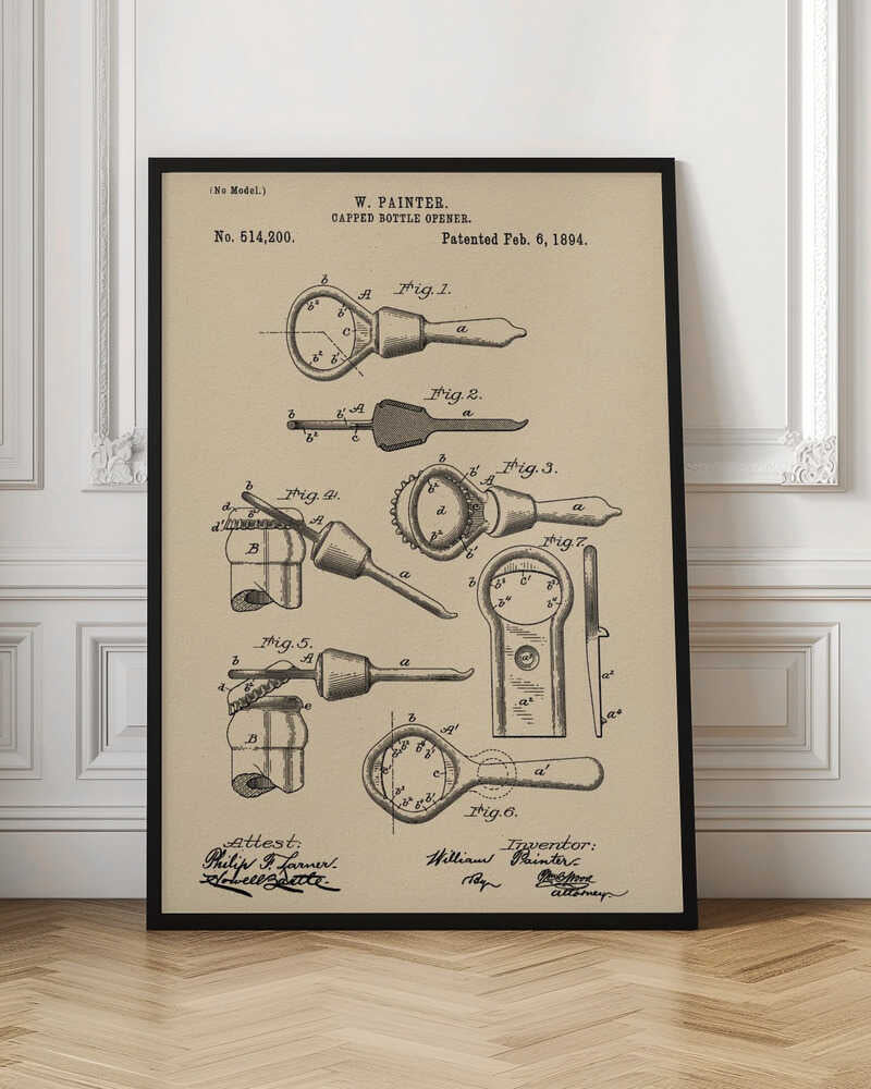 A framed vintage patent illustration for a 'Capped Bottle Opener' by W. Painter, dated February 6, 1894. The drawing, in black ink on beige paper, shows several figures detailing the design and function of the invention, complete with technical labels and signatures. Poster