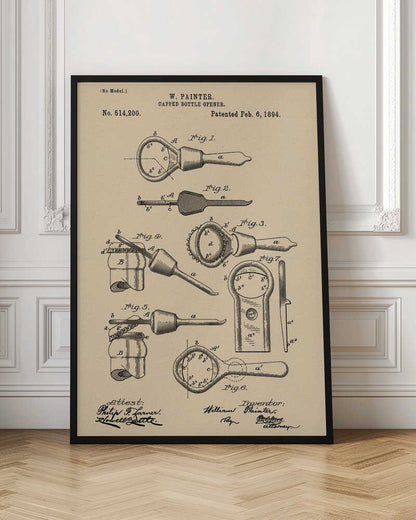 A framed vintage patent illustration for a 'Capped Bottle Opener' by W. Painter, dated February 6, 1894. The drawing, in black ink on beige paper, shows several figures detailing the design and function of the invention, complete with technical labels and signatures. Poster