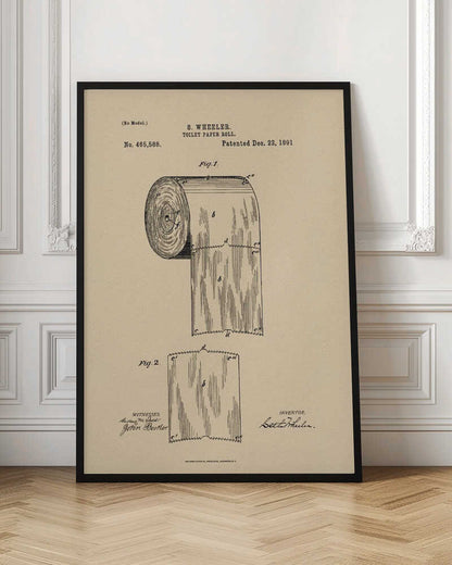 A framed vintage patent illustration for S. Wheeler's toilet paper roll, dated December 22, 1891. The drawing, in black ink on beige paper, shows a detailed diagram of a perforated toilet paper roll and a single sheet, complete with inventor and witness signatures. Wall Art