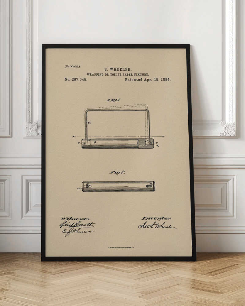A framed vintage patent document for a 'Wrapping or Toilet Paper Fixture' by S. Wheeler, dated April 15, 1884. The document is printed on aged, beige paper and features technical diagrams, official text, and signatures of the inventor and witnesses, all enclosed in a simple black frame. Decor
