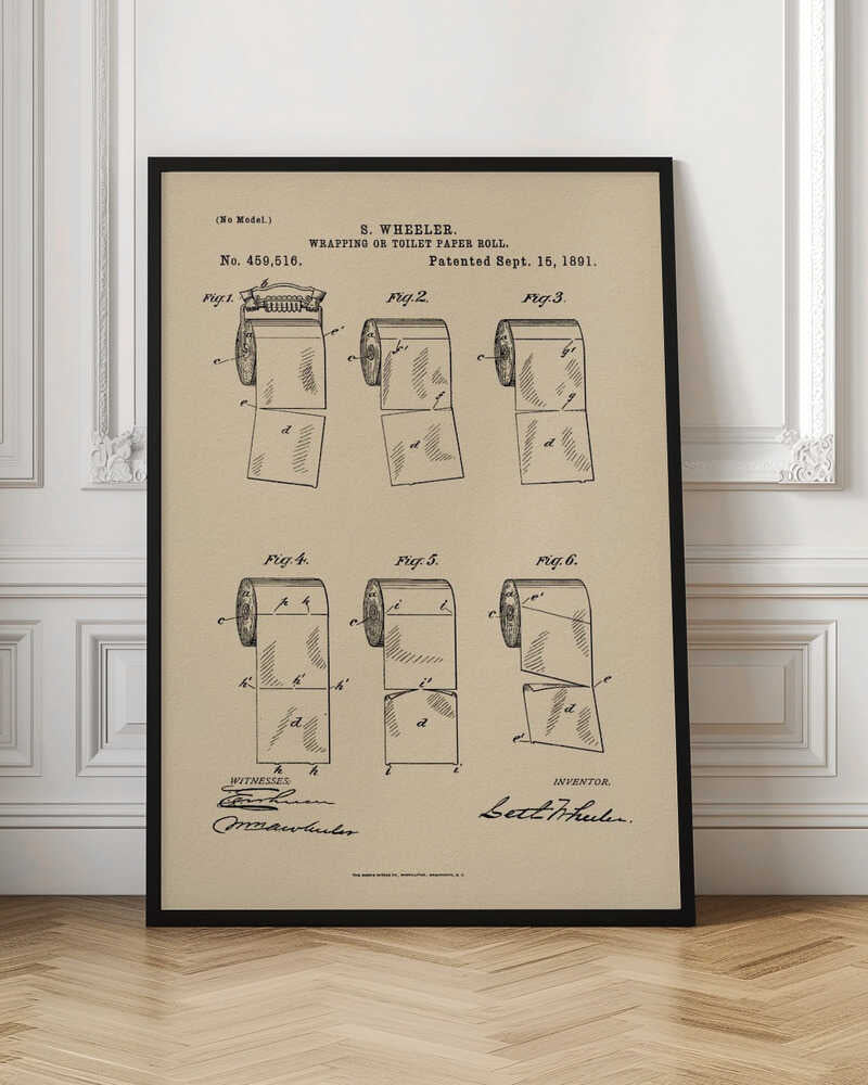 A framed vintage patent illustration from 1891 for S. Wheeler's 'Wrapping or Toilet Paper Roll'. The artwork displays six technical figures of the toilet paper roll on an aged paper background, complete with patent numbers, dates, and signatures. Decor