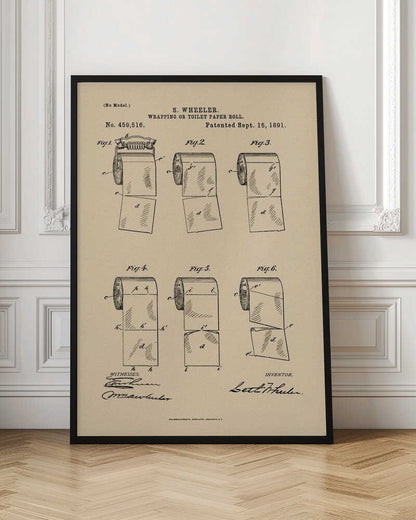 A framed vintage patent illustration from 1891 for S. Wheeler's 'Wrapping or Toilet Paper Roll'. The artwork displays six technical figures of the toilet paper roll on an aged paper background, complete with patent numbers, dates, and signatures. Decor