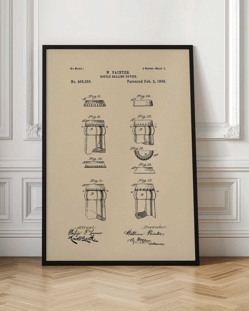 A framed vintage patent illustration for a 'Bottle Sealing Device' by W. Painter, dated 1892. The artwork, on aged beige paper, displays technical diagrams of the first bottle cap and bottle neck, complete with patent numbers, titles, and signatures. Wall Art