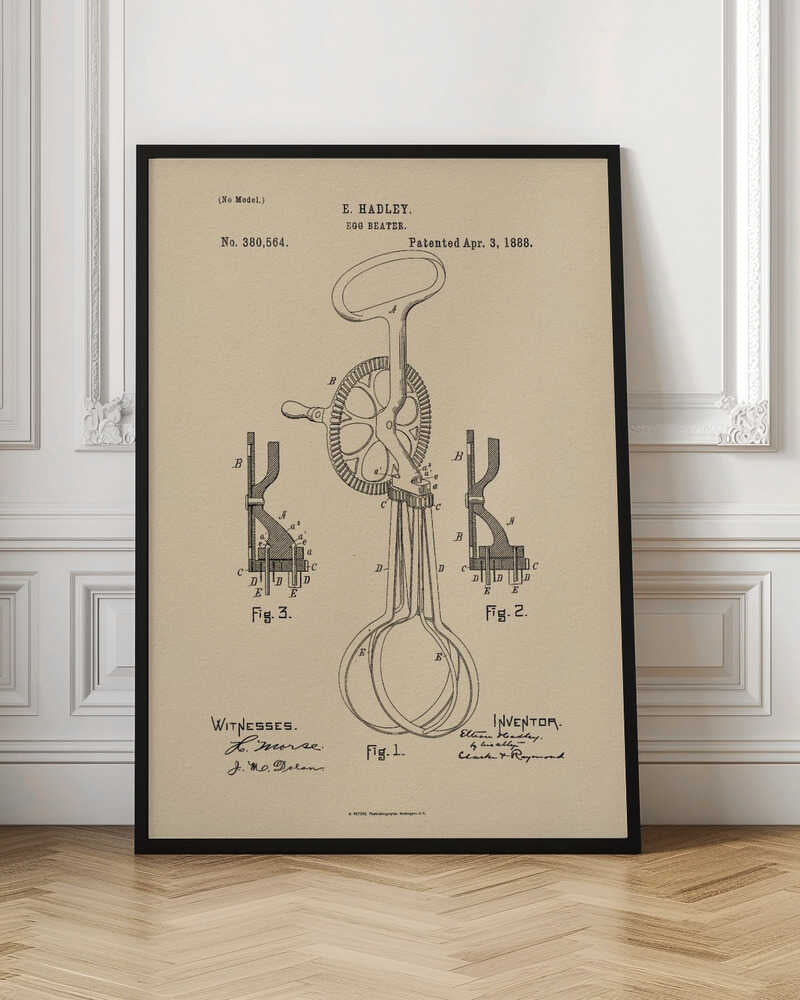 A framed vintage patent illustration for an E. Hadley egg beater, dated April 3, 1888. The technical drawing is in black ink on beige paper and shows multiple figures of the hand-cranked kitchen utensil. Poster