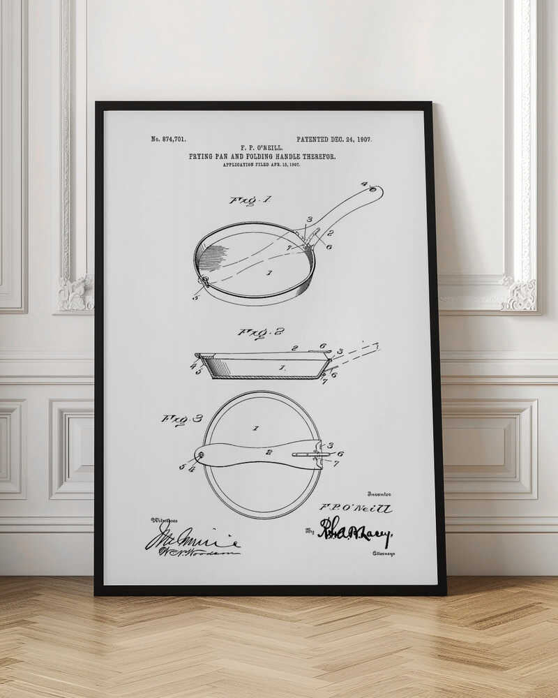 A framed patent illustration from 1907 for a frying pan with a folding handle. The black and white technical drawing shows three views of the invention, complete with labels and signatures. Wall Art