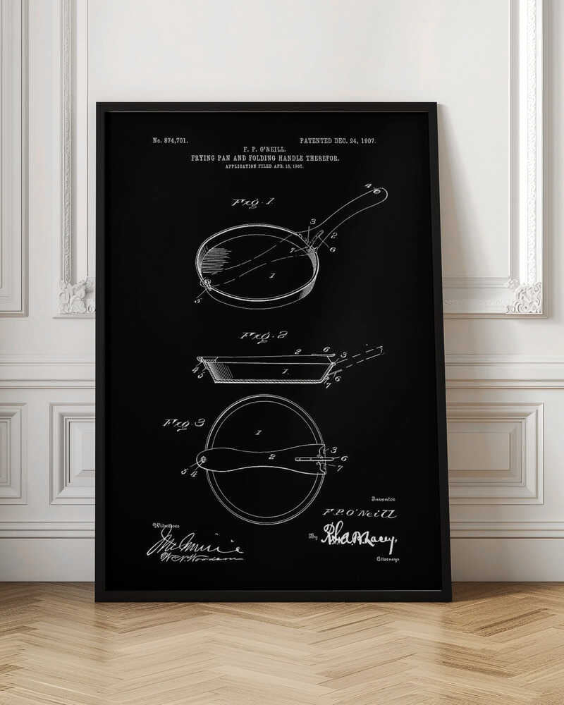 A framed vintage patent illustration from 1907 for a frying pan with a folding handle, presented as a white-on-black blueprint-style drawing. It features three detailed diagrams of the pan from different angles, along with technical text and signatures. Artwork