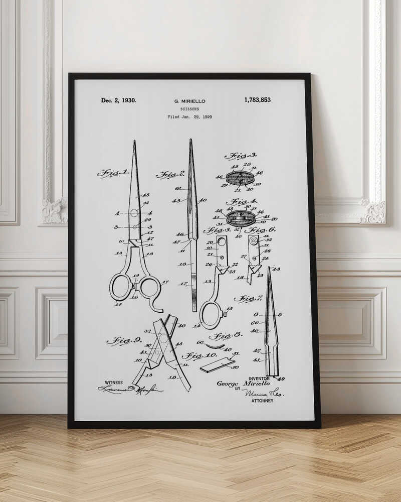 A framed black and white patent illustration for scissors by G. Miriello, dated December 2, 1930. The technical drawing shows multiple figures detailing the design, assembly, and components of the scissors against a white background. Print
