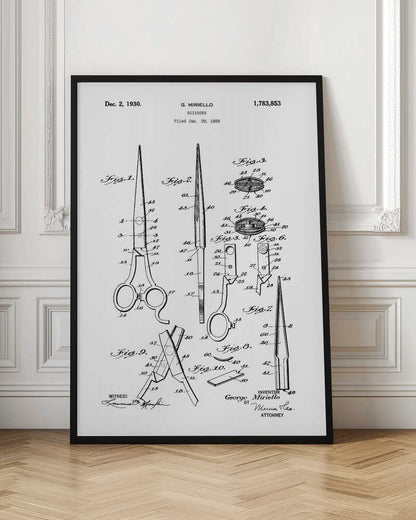 A framed black and white patent illustration for scissors by G. Miriello, dated December 2, 1930. The technical drawing shows multiple figures detailing the design, assembly, and components of the scissors against a white background. Print