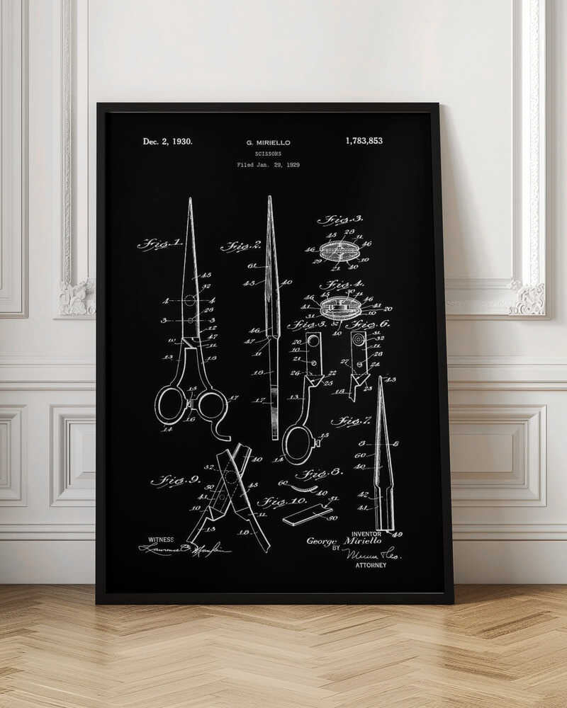 A framed vintage patent illustration for scissors, dated 1930, by inventor G. Miriello. The design is rendered in white lines on a black background, showing multiple detailed figures and schematics of the scissors' construction in a classic blueprint style. Decor