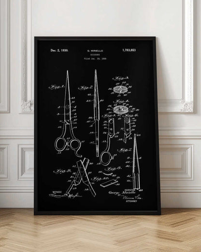 A framed vintage patent illustration for scissors, dated 1930, by inventor G. Miriello. The design is rendered in white lines on a black background, showing multiple detailed figures and schematics of the scissors' construction in a classic blueprint style. Decor