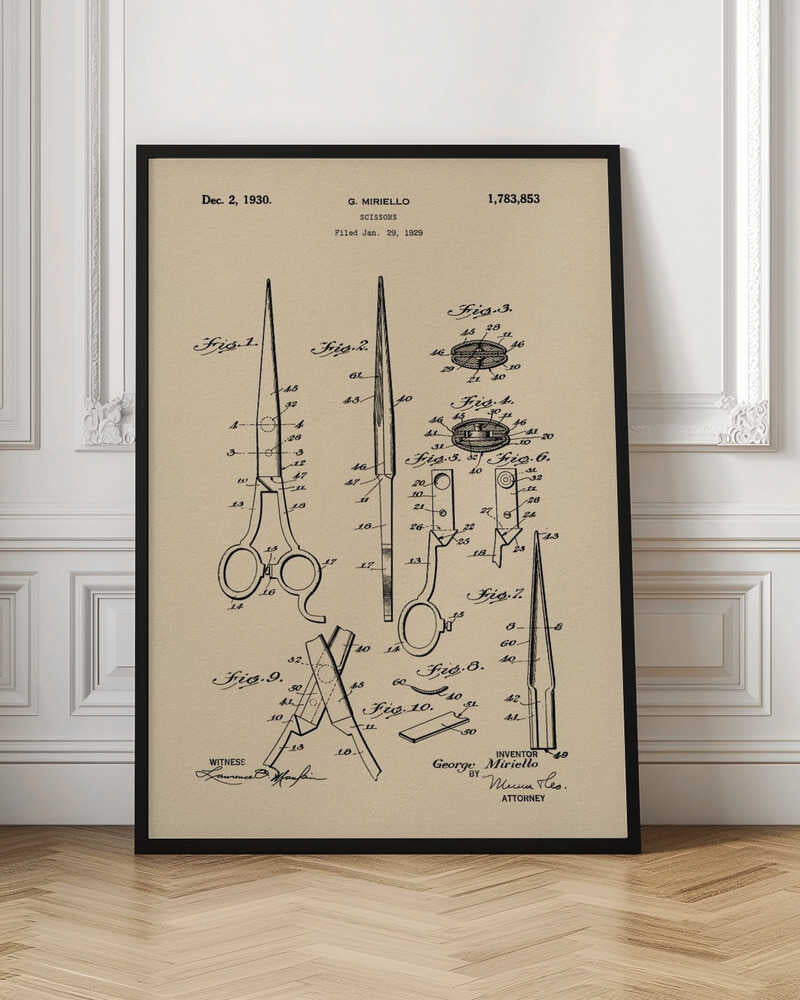 A framed vintage patent illustration for scissors, filed in 1929 by G. Miriello. The artwork features detailed technical drawings in black ink on a tan, aged-paper background, showing various views and components of the scissors. Wall Art