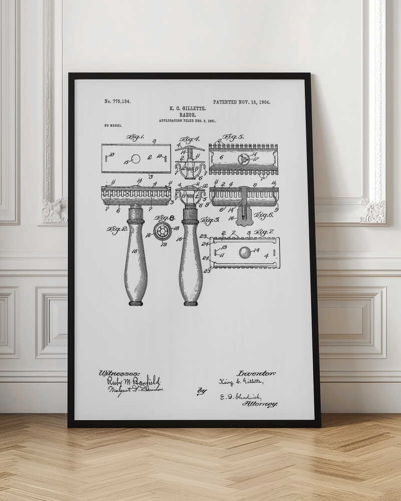 A framed black and white patent illustration for K. C. Gillette's razor, patented November 15, 1904. The drawing displays various figures and diagrams detailing the components of the safety razor, including the handle, head, and blade, with technical labels and signatures. Wall Art
