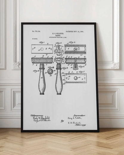 A framed black and white patent illustration for K. C. Gillette's razor, patented November 15, 1904. The drawing displays various figures and diagrams detailing the components of the safety razor, including the handle, head, and blade, with technical labels and signatures. Wall Art