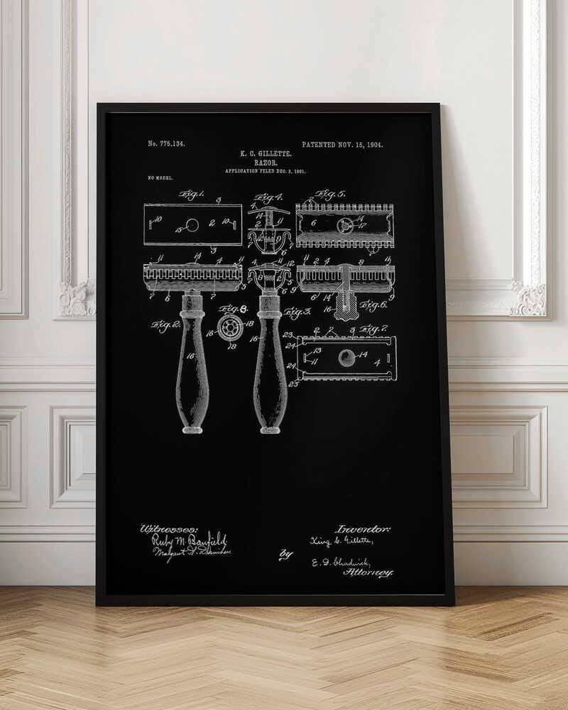 A framed black and white patent illustration for K.C. Gillette's razor, dated 1904. The technical drawing shows multiple views and components of the safety razor against a black background, complete with labels, inventor's name, and patent number. Decor