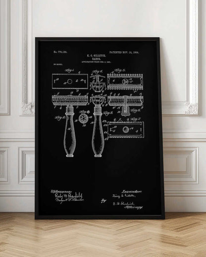 A framed black and white patent illustration for K.C. Gillette's razor, dated 1904. The technical drawing shows multiple views and components of the safety razor against a black background, complete with labels, inventor's name, and patent number. Decor